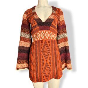 Free People Orange Knit Boho Sweater Dress XS Bell Sleeves Tie Back V Neck